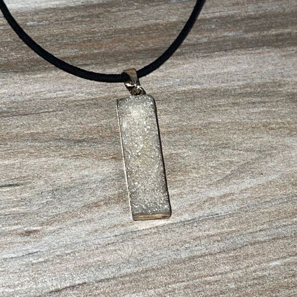 Rectangle Druzy Genuine Crystal Quartz Pendant Necklace Gold Tone On Cord NWOT - Picture 1 of 7